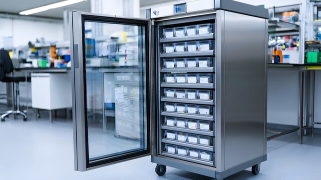 A stainless steel storage cabinet with glass door and labeled trays inside  situated in a laboratory setting