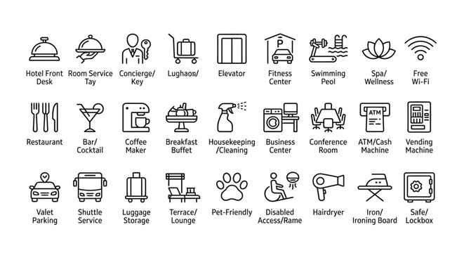 Hotel front desk icon set flat line style with hospitality services
