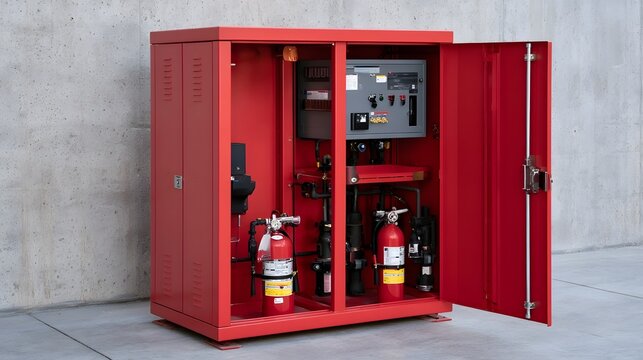 Red fire safety cabinet with open doors revealing internal equipment including extinguishers and control panel against concrete wall
