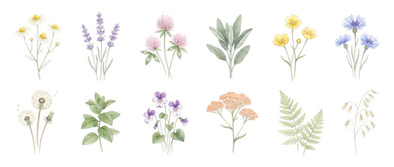 Naklejka premium Wildflower Botanical Illustration Herbs Set featuring vintage lavender chamomile mint dandelion fern and flora floral elements isolated on black background for design project clipart.