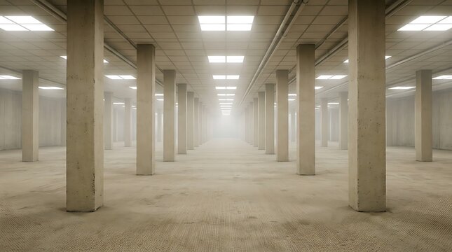 Empty industrial warehouse interior with concrete pillars and bright ceiling lights in a foggy atmosphere