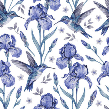 Created on Seamless pattern for fabric in blue tones .Hummingbird bird and iris flowers .watercolor illustration with vector art on white background