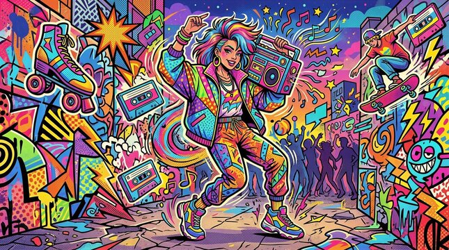 Vibrant dancer celebrates music with boombox and cassette. Rainbow hues explode in graffiti-laden urban scene. Joyful energy pulses from dancing figure with raised arms