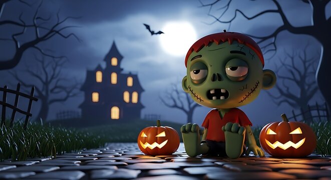 Cute Cartoon Zombie Sitting with Glowing Pumpkins, Spooky Halloween Scene