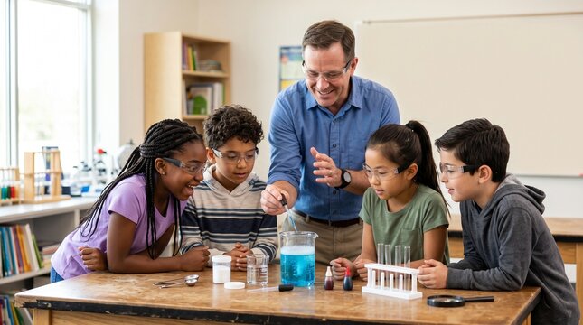 Teacher guiding diverse students in a science experiment with colorful liquids and safety goggles