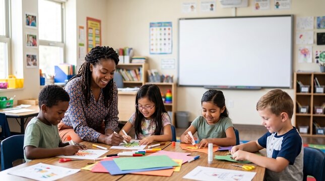 Teacher helps diverse elementary students with art project in classroom