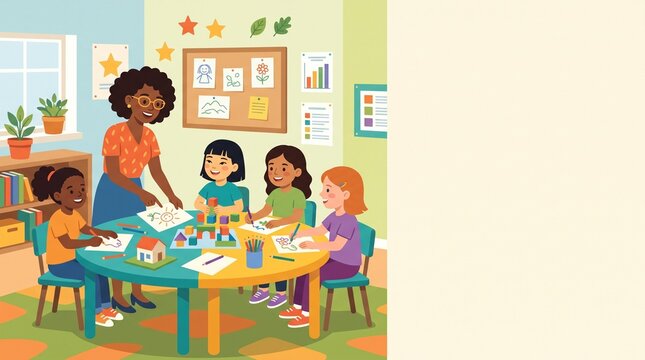 Teacher guides diverse children in colorful classroom art activity