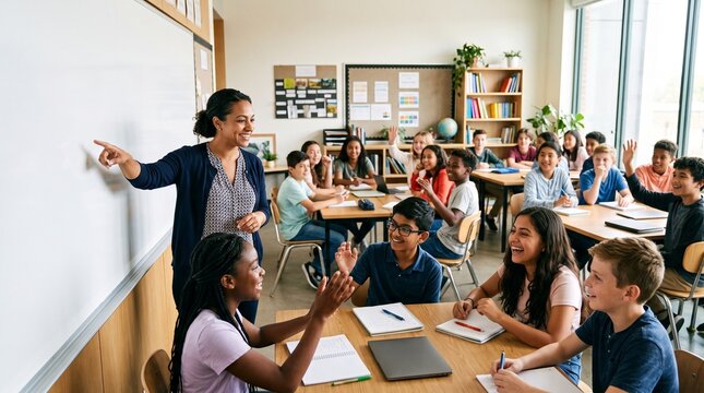 Teacher interacting with students in a modern classroom setting