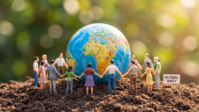 Miniature figures holding hands in a circle around a small globe resting on dark soil ground.