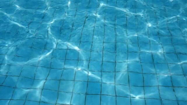 Crystal clear pool water rippling over blue tiled floor with dancing sunlight reflections. Perfect for travel branding, wellness visuals, luxury resort campaigns