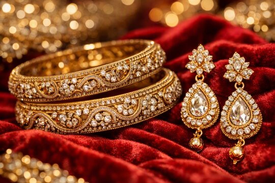 Gold bridal bangles and drop earrings on velvet cloth for wedding jewelry background and luxury accessory product banner