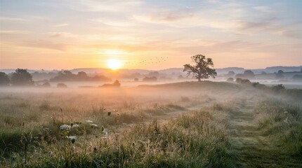 Naklejka premium Golden sun rises over misty morning field. Grass sways gently, dotted with wildflowers. Single tree stands proud on distant hilltop. Mist hugs earth, softening horizon's edge