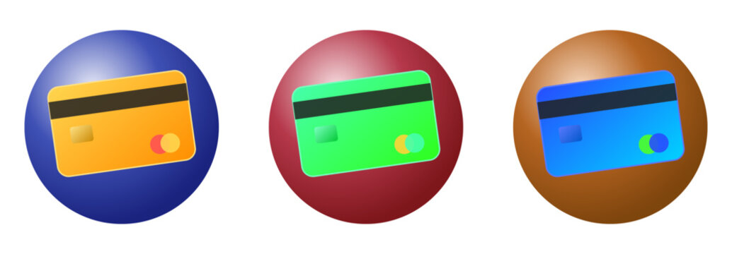 Credit card icons on blue burgundy and brown spheres for secure payment systems.