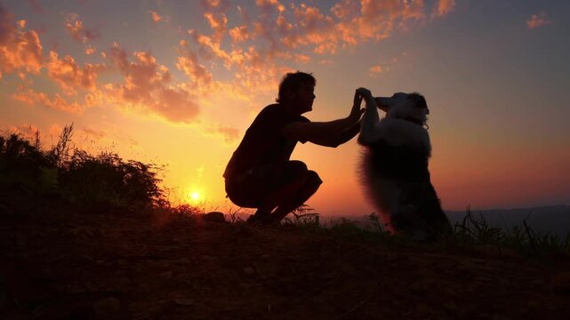 Silhouette of a happy man and his loyal border collie dog giving a high five on a mountain top during a beautiful golden hour sunset