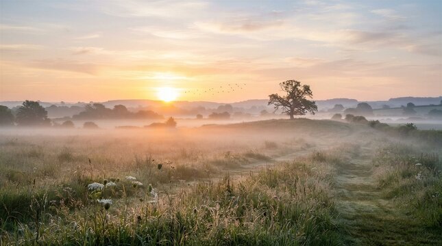 Golden sun rises over misty morning field. Grass sways gently, dotted with wildflowers. Single tree stands proud on distant hilltop. Mist hugs earth, softening horizon's edge