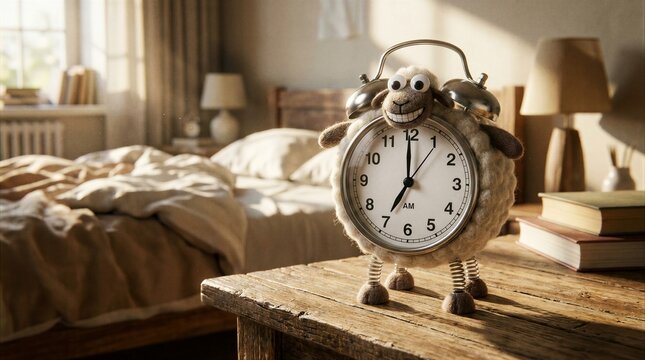 Rustic alarm clock with googly eyes sits on wooden table. Sunlight streams through window, casting warm glow. Unmade bed and stacked books suggest morning routine