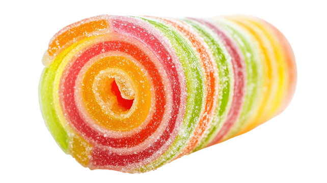 A single cylindrical jelly candy roll with colorful spiral layers coated in sugar crystals isolated on a black background