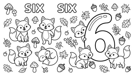 Fototapeta premium Coloring Page for Kids with Number Six and Cute Foxes