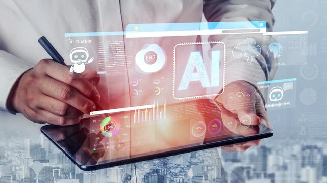 Business professional engaging with futuristic tablet interface displaying AI chatbot features and data analytics in a modern urban environment Sigmoid