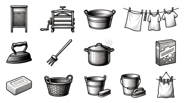 Vintage laundry equipment icons set in black and white hand drawn halftone texture style.