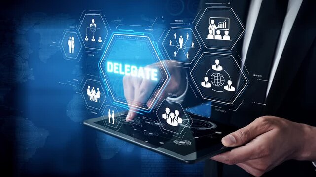 Businessman Using Tablet to Delegate Tasks with Digital Interface Featuring Communication and Analytics Icons in Blue Background Sigmoid