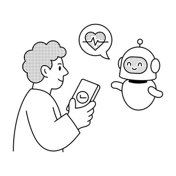 A person uses a phone beside a floating robot, illustrating a health assistant offering digital healthcare guidance, information, and remote user support.