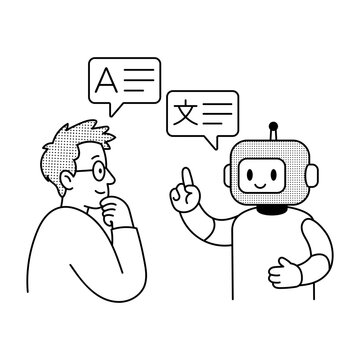 A person communicates with a robot beneath language bubbles, illustrating text translation through automated language conversion and multilingual support.