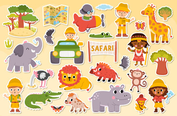 Naklejka premium Safari animals stickers set for kids. Vector African birds, trees collection. Cartoon savanna patches pack with ranger, plane. Lion, elephant, zebra, giraffe clipart. Savannah wildlife illustration