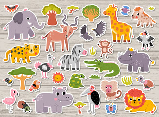 Naklejka premium Safari animals stickers set for kids. Vector patches collection with African birds, tree, plants. Cartoon savanna pack. Cute lion, elephant, zebra, giraffe clipart. Savannah wildlife illustration