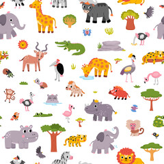 Naklejka premium Safari animals seamless pattern for kids. Vector African birds, insects, trees, plants repeat background. Cartoon savanna digital paper with lion, elephant, zebra, giraffe. Savannah wildlife texture