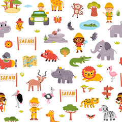 Naklejka premium Safari animals seamless pattern for kids. Vector African repeat background with bird, tree. Cartoon savanna digital paper with ranger, plane, lion, elephant, zebra, giraffe. Savannah wildlife texture