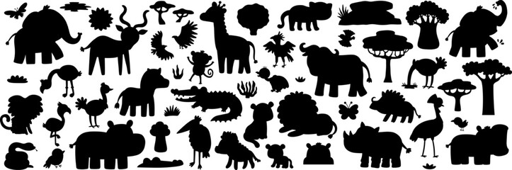 Naklejka premium Big safari animals silhouettes set. Vector African birds, insects, trees, plants black shadows. Cartoon savanna collection with hippo, lion, elephant, zebra, giraffe. Savannah wildlife illustration