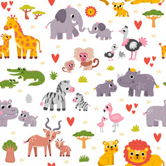 Naklejka premium Safari seamless pattern with mother and baby animals, bird. Vector African animal family repeat background. Savanna digital paper with lion, elephant, zebra, giraffe. Savannah wildlife texture