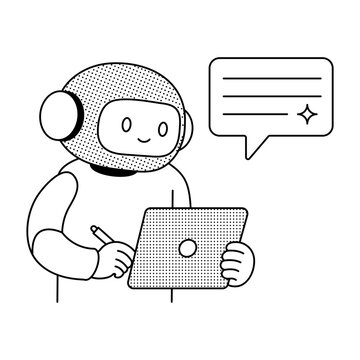 A robot holds a small keyboard beneath a message panel, illustrating AI blog creation through automated writing, digital content, and intelligent text tools.