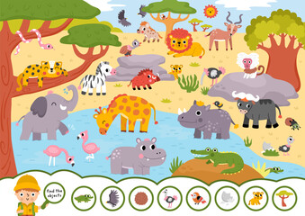 Naklejka premium Vector searching game with African savanna landscape. Spot hidden objects. Safari seek and find printable activity for kids. Wild savannah nature worksheet with animals, birds, giraffe, zebra