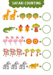 Naklejka premium Counting game with cute savanna animals, birds, trees. Safari math addition activity for preschool kids. Simple sums African savannah printable worksheet with giraffe, monkey, zebra, leopard, baobab