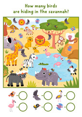 Naklejka premium Vector searching game with African savanna landscape. Spot hidden birds. Safari seek and find printable activity for kids. Wild savannah nature worksheet with animals, flamingo, crowned crane, eagle