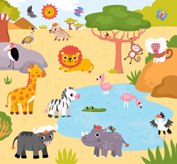 Naklejka premium Square cartoon African animals landscape. Nature savanna background with trees, plants, cliffs, lake. Safari wildlife scene with elephant, hippo, giraffe, lion, flamingos, crocodile, hyena, monkey