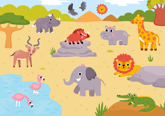 Naklejka premium Horizontal cartoon African animals landscape. Nature savanna background with trees, plants, cliffs, lake. Safari wildlife horizontal scene with elephant, giraffe, lion, flamingos, antelope, crocodile