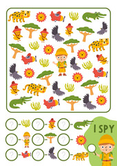 Fototapeta premium Safari I spy game for kids. Searching and counting activity with savanna animals, birds. Wildlife printable worksheet for children. Simple African savannah spotting puzzle with plane, boy explorer