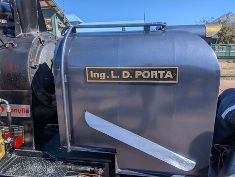 Ushuaia, Tierra del Fuego, Argentina - March 7, 2026: Ing. L. D. Porta nameplate on steam engine.