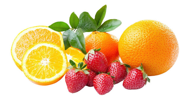 Fresh citrus fruits including oranges and strawberries with green leaves, isolated on a white background, for healthy food, and drink concepts