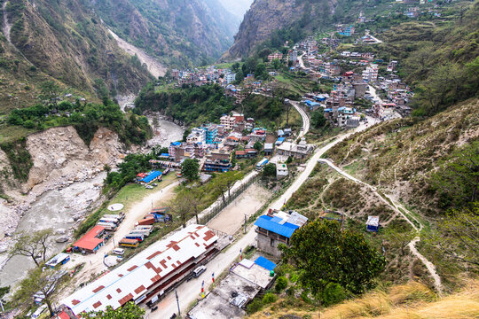 Syabrubesi village in the Langtang region, Nepal. View from the stupa to the village, photo taken April 2026