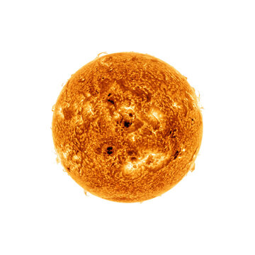 Sun Surface Texture With Sunspots, Realism Detail Of Orange Star On White, Granular Photosphere Closeup, Solar Activity And Magnetic Field High Resolution Image For Science Education