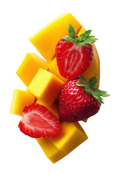 Fresh strawberry halves and vibrant yellow mango cubes arranged together, isolated on a black background, for a colorful, fruit composition