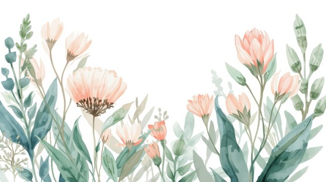 Hand drawn botanical illustration featuring pink flowers and green leaves on white background for wellness and self care designs
