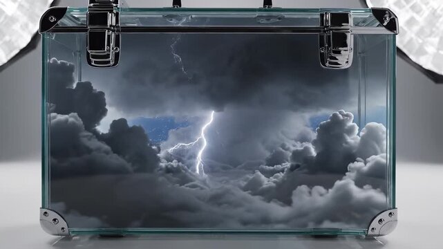 4k AI generated lightning storm flashes inside transparent glass suitcase under studio light