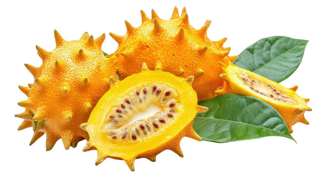 Fresh yellow kiwano horned melons with green leaves, including a sliced half showing seeds, isolated on a clean white background