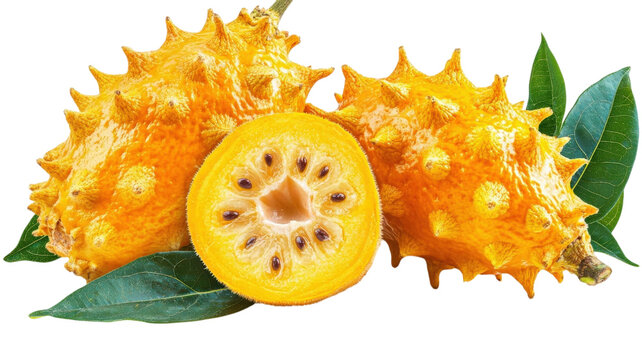 Fresh yellow kiwano horned melons with green leaves, including a sliced half showing seeds, isolated on a clean white background