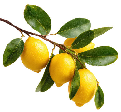 Fresh yellow lemons hanging on a tree branch with vibrant green leaves isolated on a black background, for food and, ingredient use